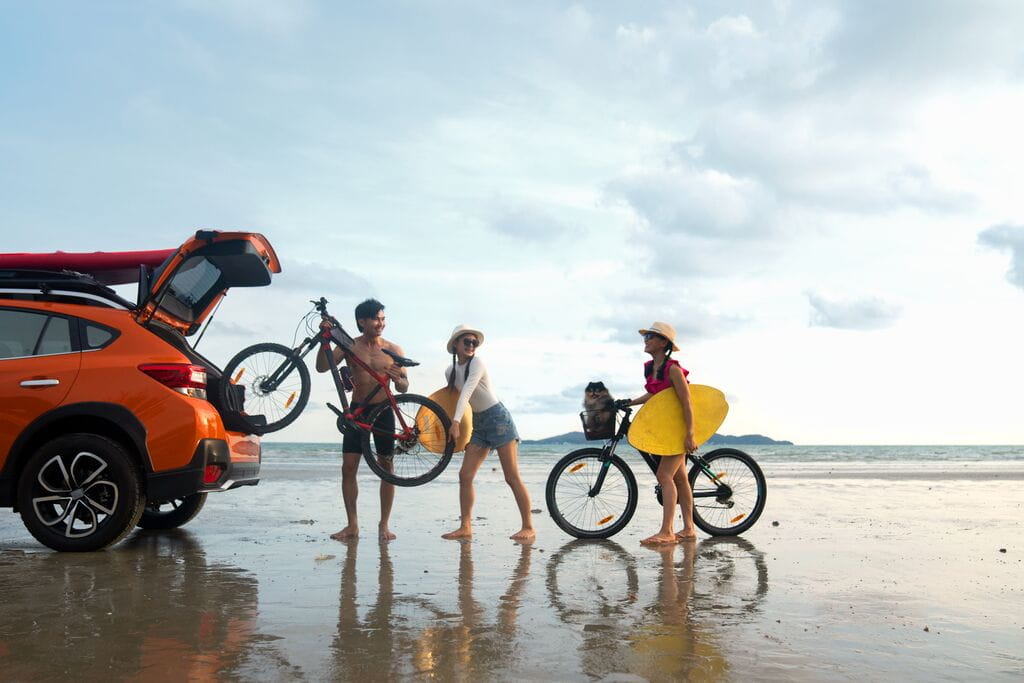 Grupo de amigos a arrumar coisas no carro à beira mar